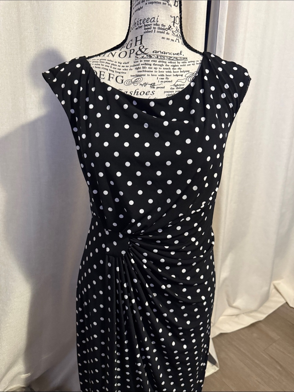 Dressbarn Black White Polka Dot Ruched Draped Dress Sz 8